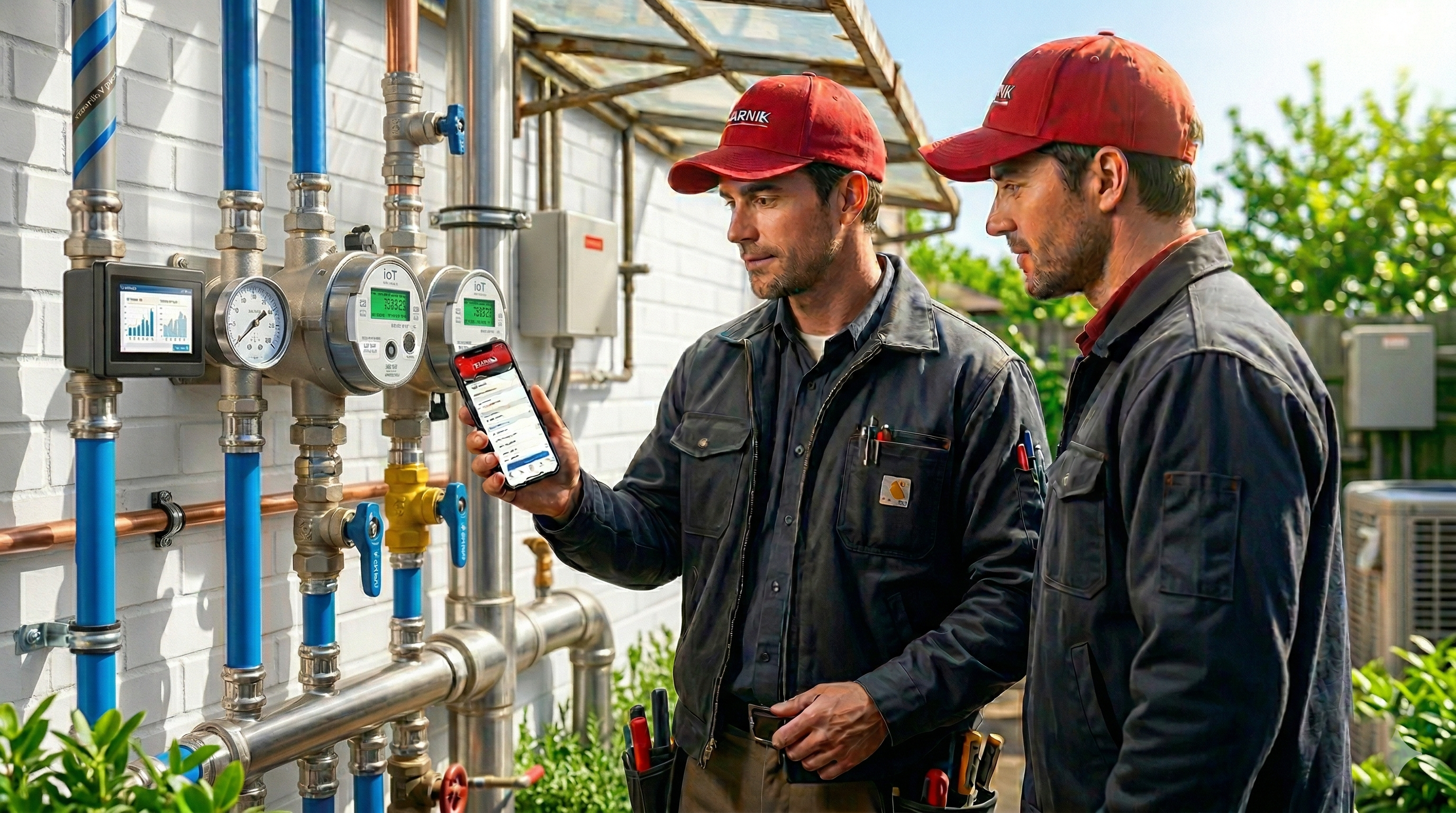 Field service technicians using mobile app at meter station